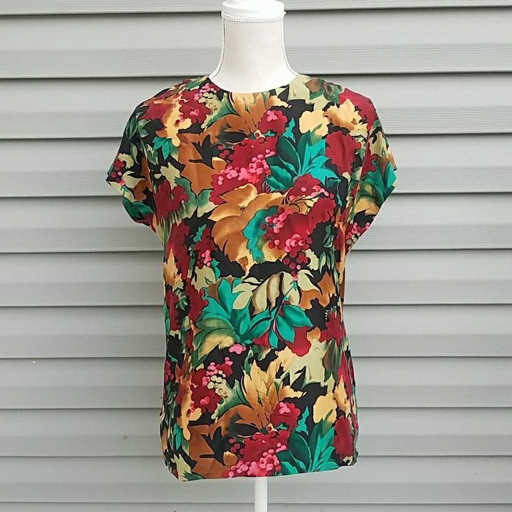 Boxy Floral Print Jewel Tone Vintage Silk Blouse